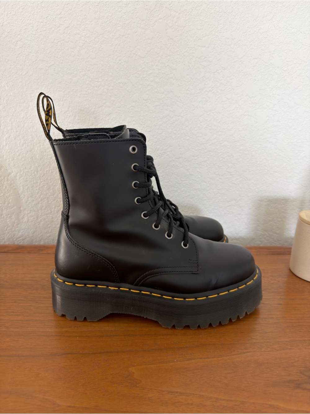 Dr. Martens Black Leather Platform Lace-Up Boots with Yellow Stitching